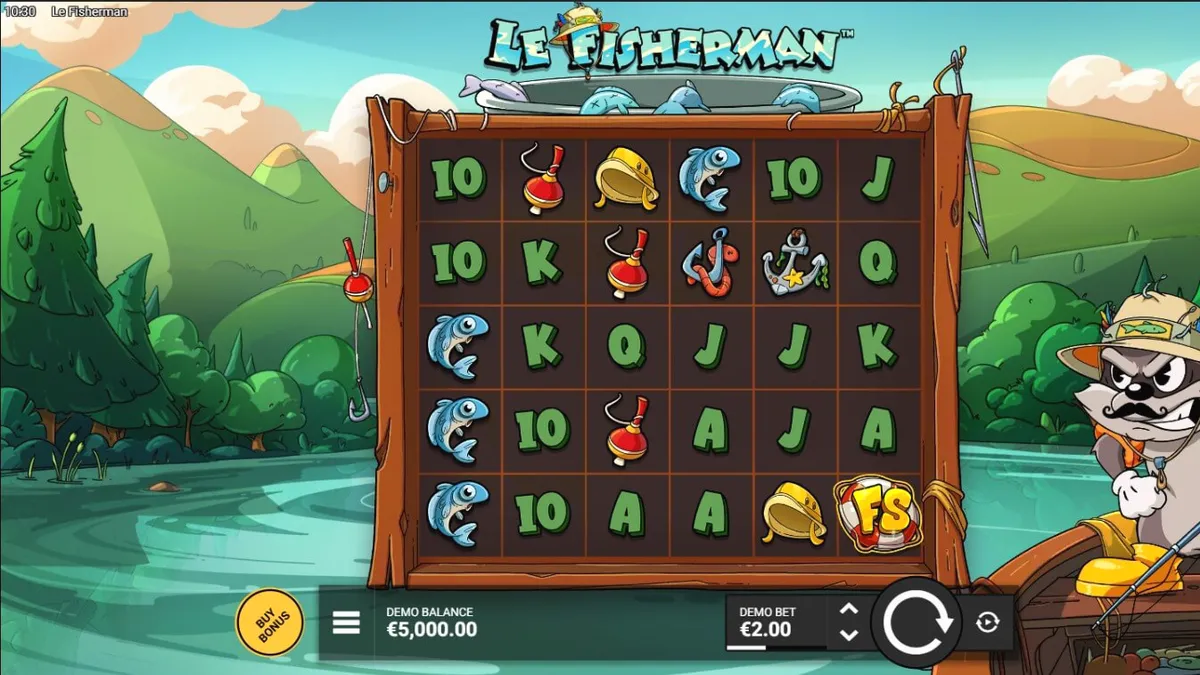Tampilan visual slot Le Fisherman dengan karakter Smokey sang rakun nelayan
