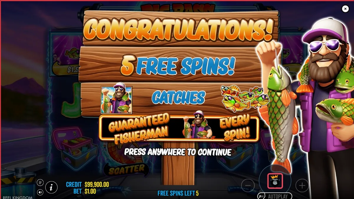Tampilan visual futuristik dan elektrik dari slot Big Bass Blast dengan latar belakang pegunungan.
