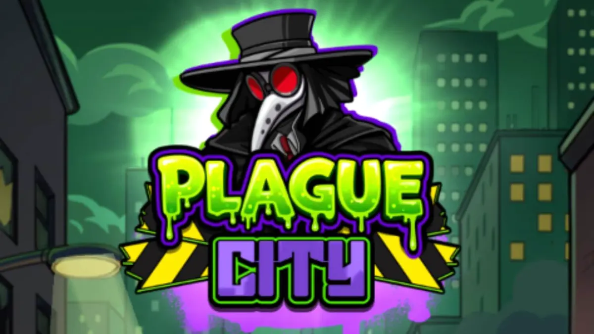 Tampilan visual slot Plague City dengan tema apokaliptik dan laboratorium medis