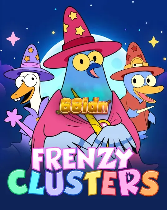 Tampilan visual slot Frenzy Clusters dengan karakter pahlawan dan grid 7x7